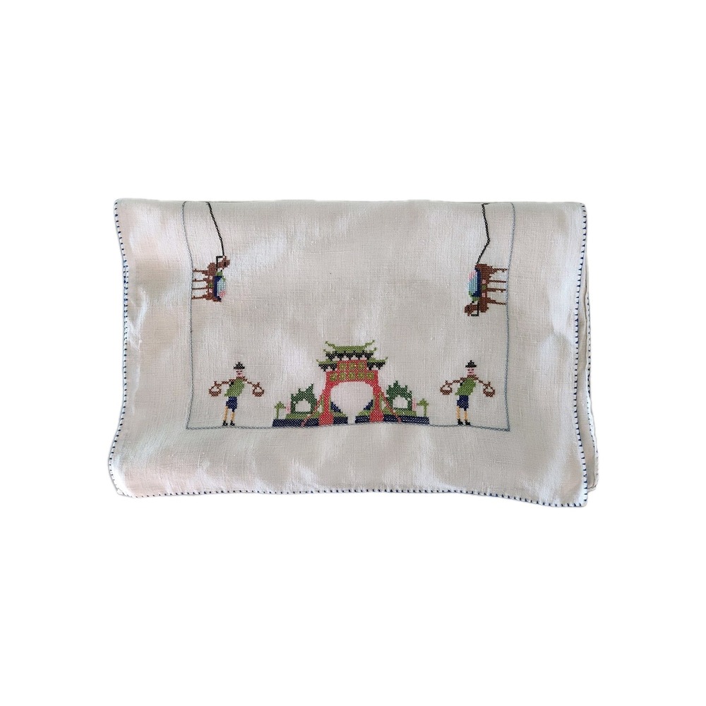 Vintage MCM Asian-themed Pagoda Embroidered Chinoiserie Linen Table Runner